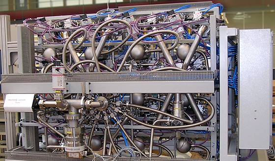Front view of the leak tester in the HSLL production line showing the lamp chambers.